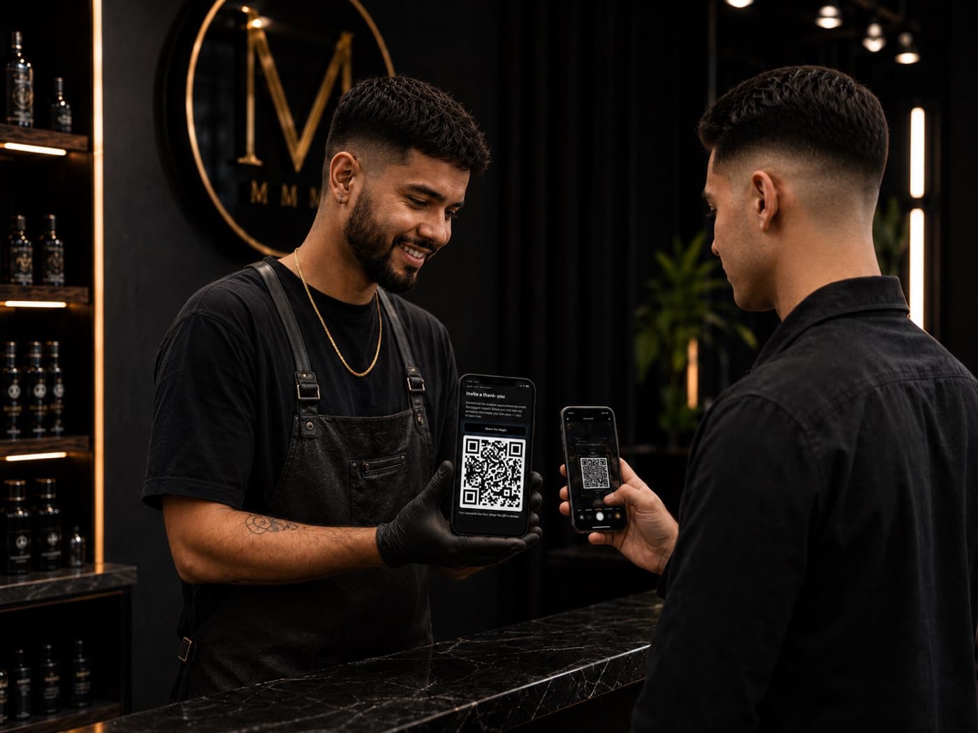 A client scanning a barber's QR code to send a thank-you