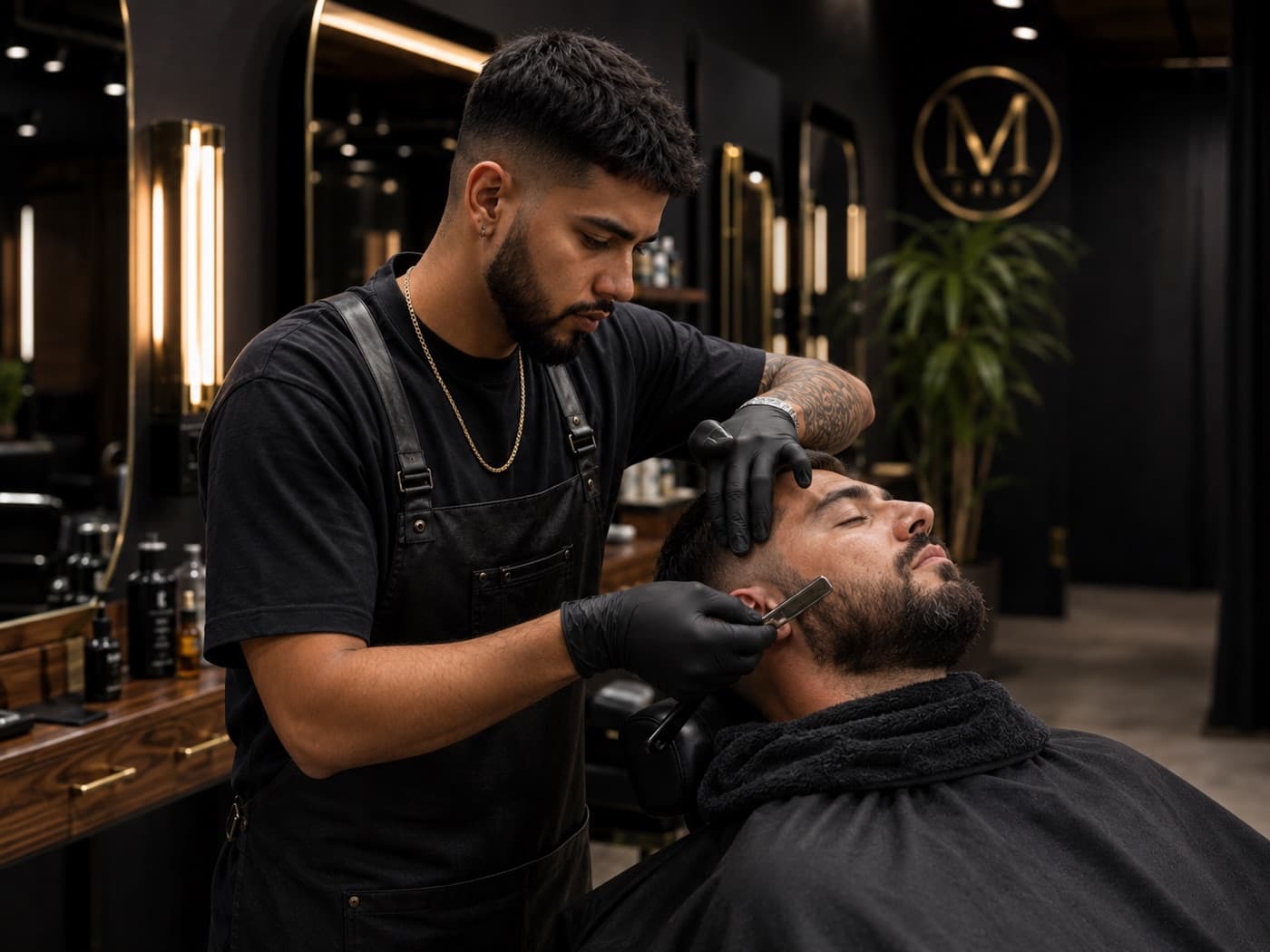 A barber giving a client a straight-razor beard trim in a modern barbershop