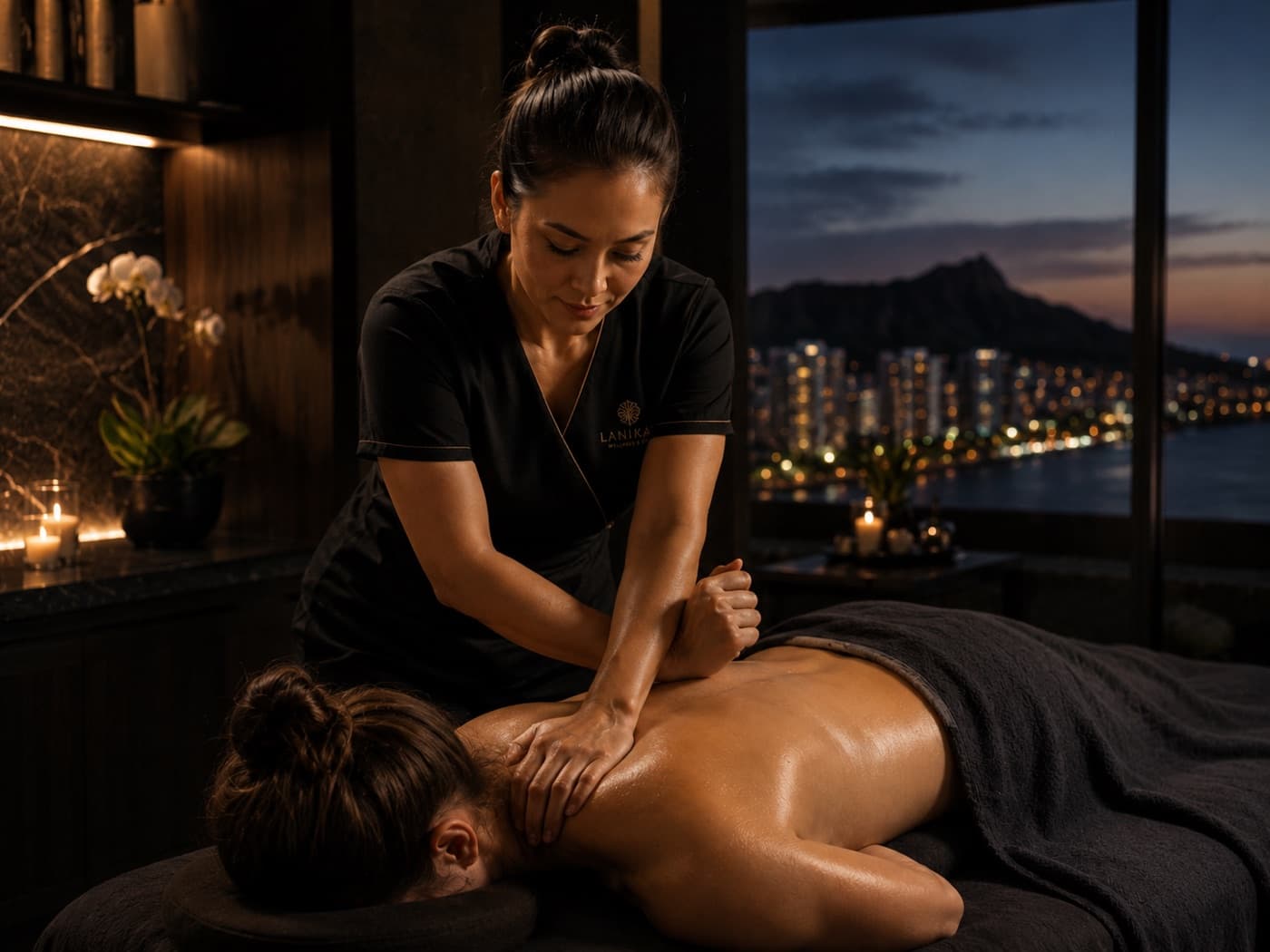 A massage therapist working on a client's shoulders during a spa session
