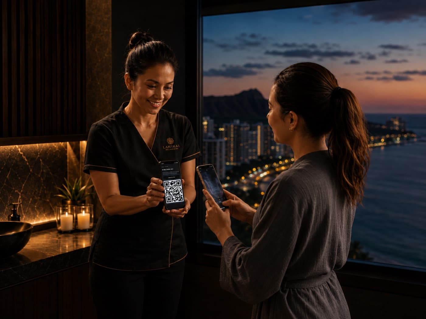 A client scanning a massage therapist's QR code to send a thank-you