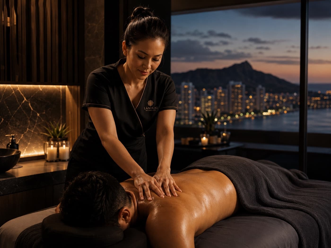 A massage therapist giving a client a back massage in an oceanview spa