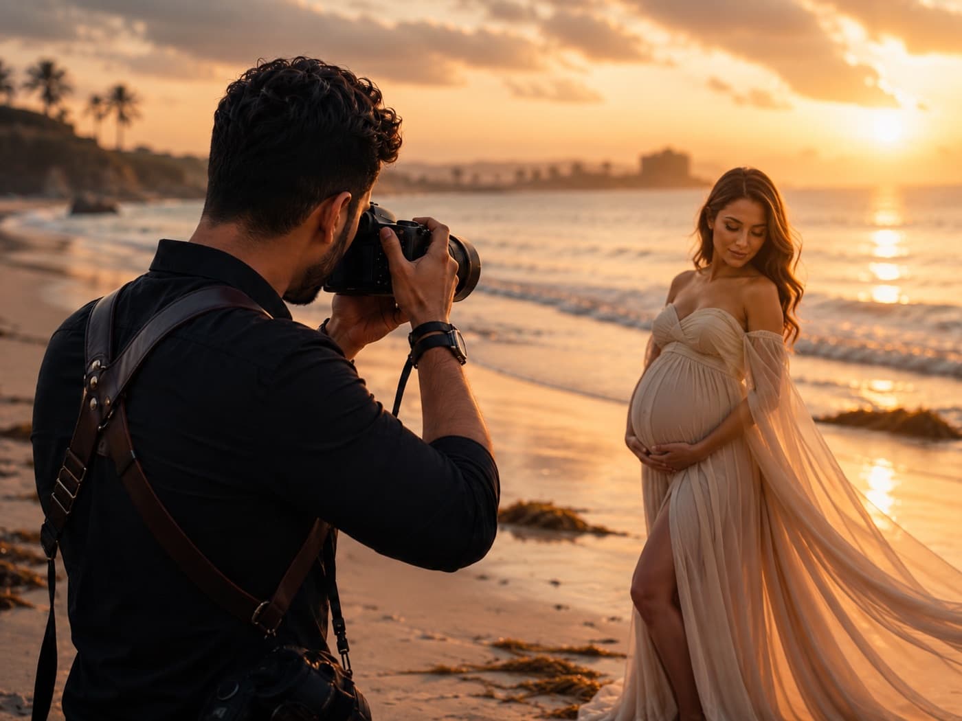 A photographer shooting a maternity portrait on the beach at sunset