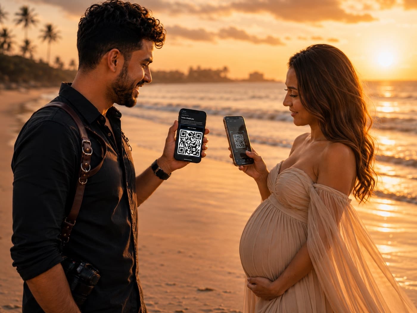 A client scanning a photographer's QR code to send a thank-you on the beach at sunset