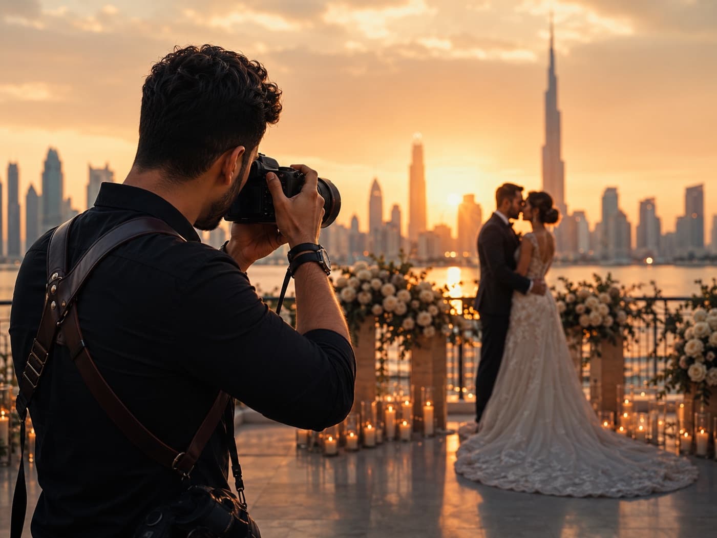 A photographer shooting a wedding couple at a rooftop ceremony at sunset
